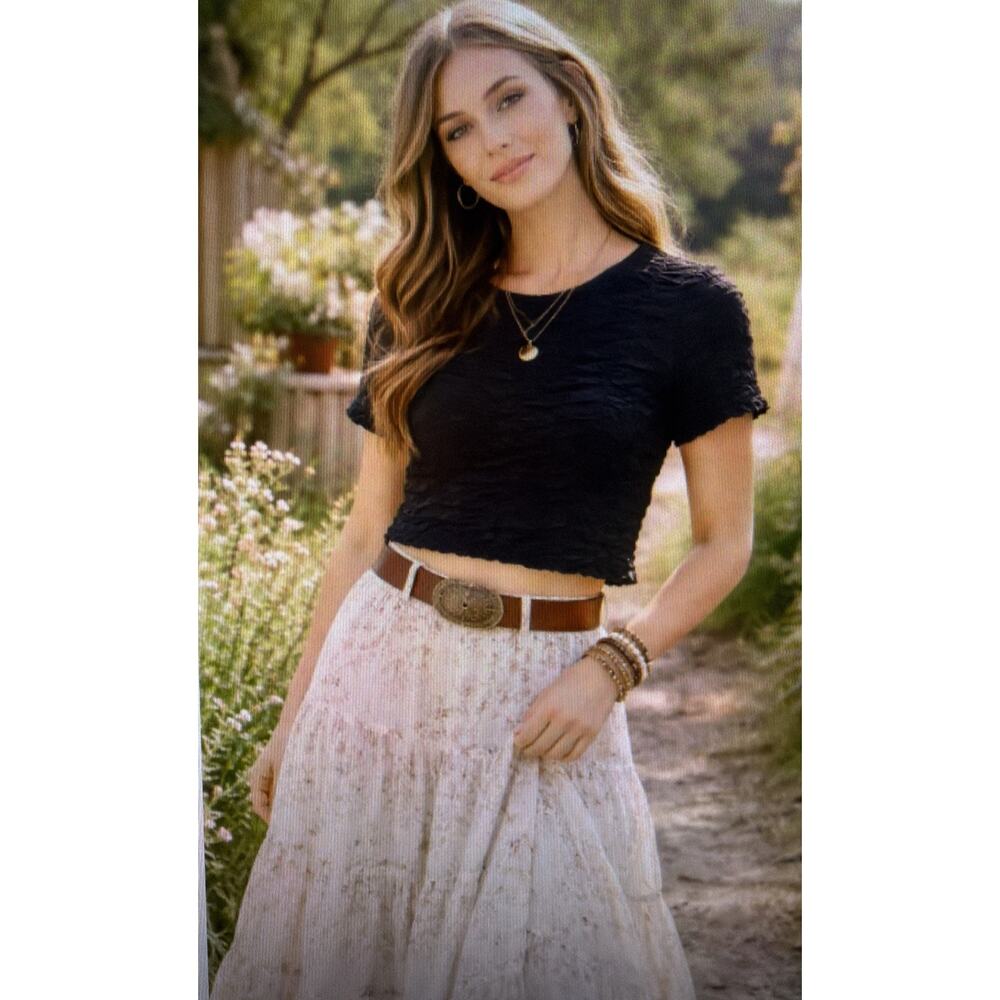 HOUSE OF HARLOW 1960 ruffle crop top black medium bohemian textured ruched